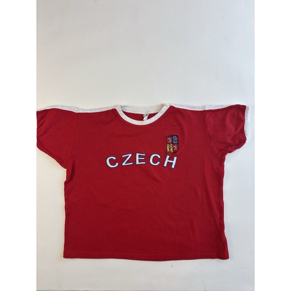 Vintage Czech Women’s T-shirt XL Red Embroidered Tourist Graphic Spell Out Crest